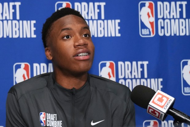 Georgetown's Thomas Sorber talks with media at the NBA draft combine on May 14, 2025, at Wintrust Arena. (Nam Y. Huh/AP)