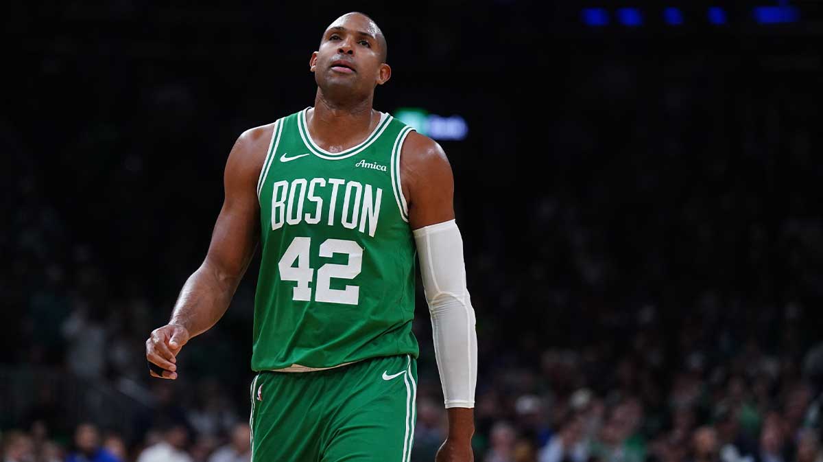Boston Celtics center Al Horford (42) returns up court against the New York Knicks in the fourth quarter during game two of the second round for the 2025 NBA Playoffs at TD Garden.