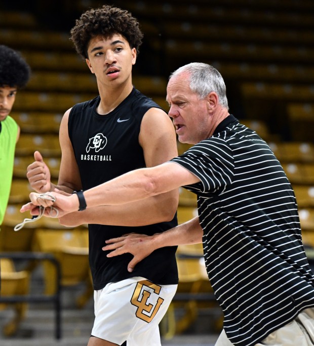 June 18:Head coach Tad Boyle works with Ian Inman during CU men's basketball practice on June 18, 2025 in preparation for their trip to Australia(Cliff Grassmick/Staff Photographer)