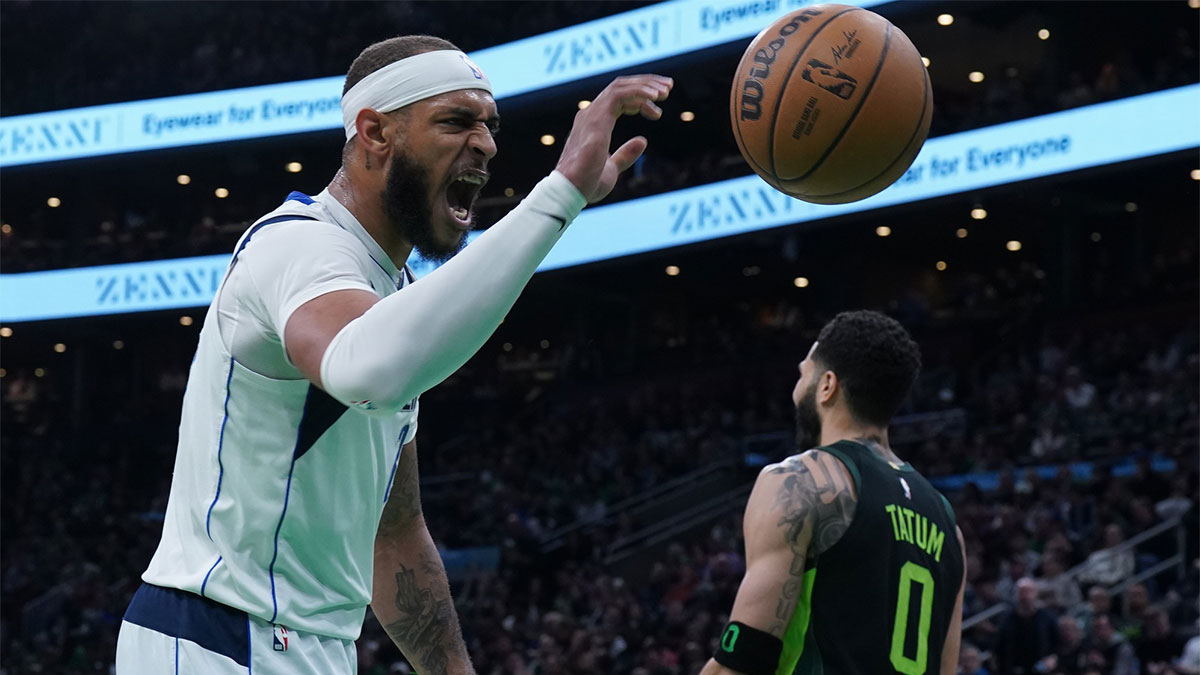 Dallas Mavericks center Daniel Gafford (21) reacts to a play against the Boston Celtics in the second quarter at TD Garden.