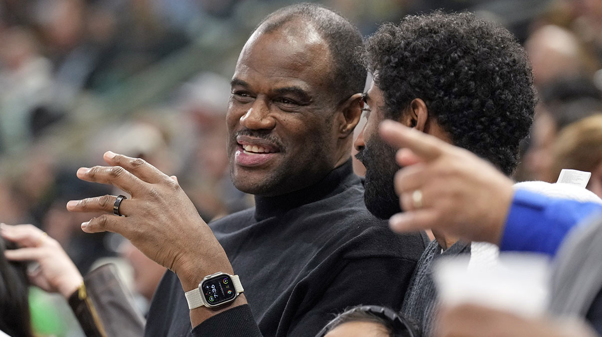 Former San Antonio Spurs player and Hall of Fame David Robinson watches the first half of the game against the Chicago Bulls at Frost Bank Center.