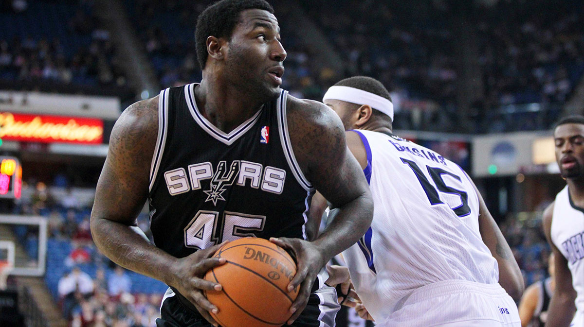 San Antonio Spurs center DeJuan Blair (45) spins towards the hoop against the Sacramento Kings in the first quarter at Arco Arena. 