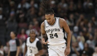 San Antonio Spurs guard Devin Vassell (24) celebrates a 3-point basket during the first half of an NBA basketball game against the Brooklyn Nets, Tuesday, March 4, 2025, in San Antonio. (AP Photo/Darren Abate)
