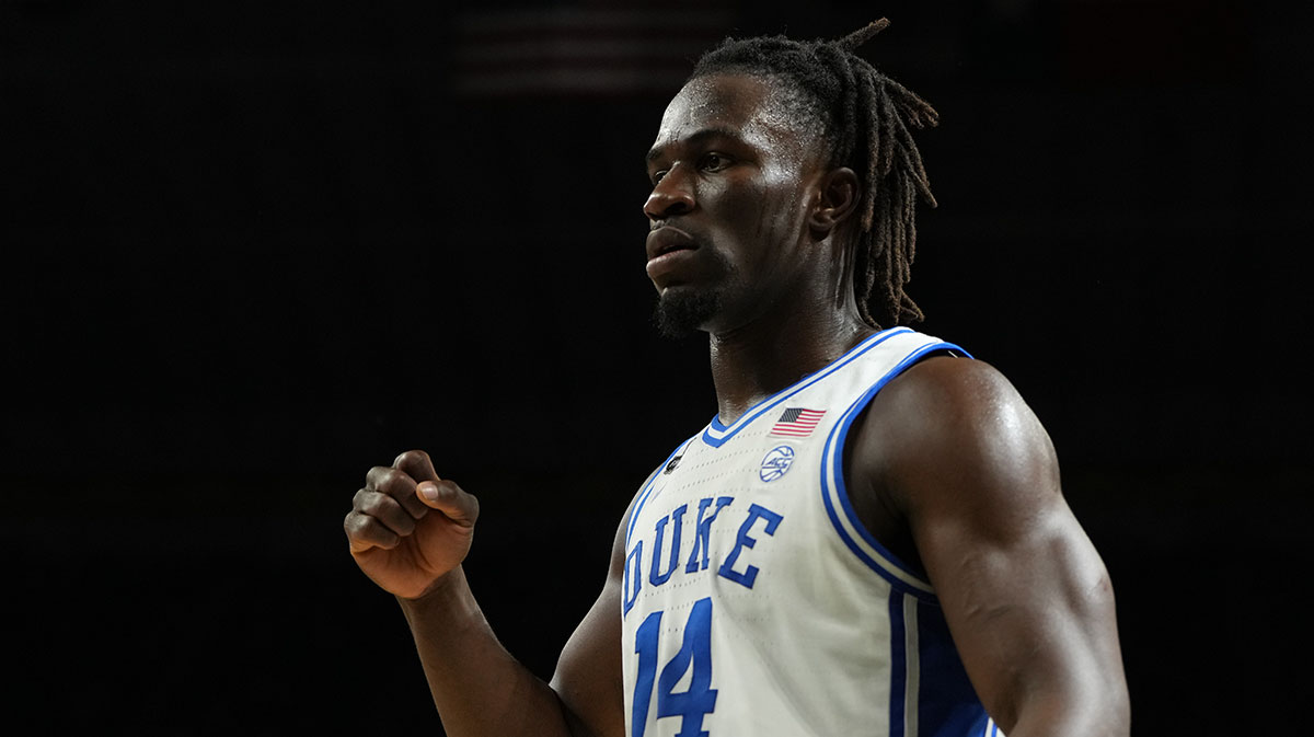 Duke Blue Devils guard Sion James (14) reacts after a play against the Houston Cougars during the second half in the semifinals of the men's Final Four of the 2025 NCAA Tournament at the Alamodome.