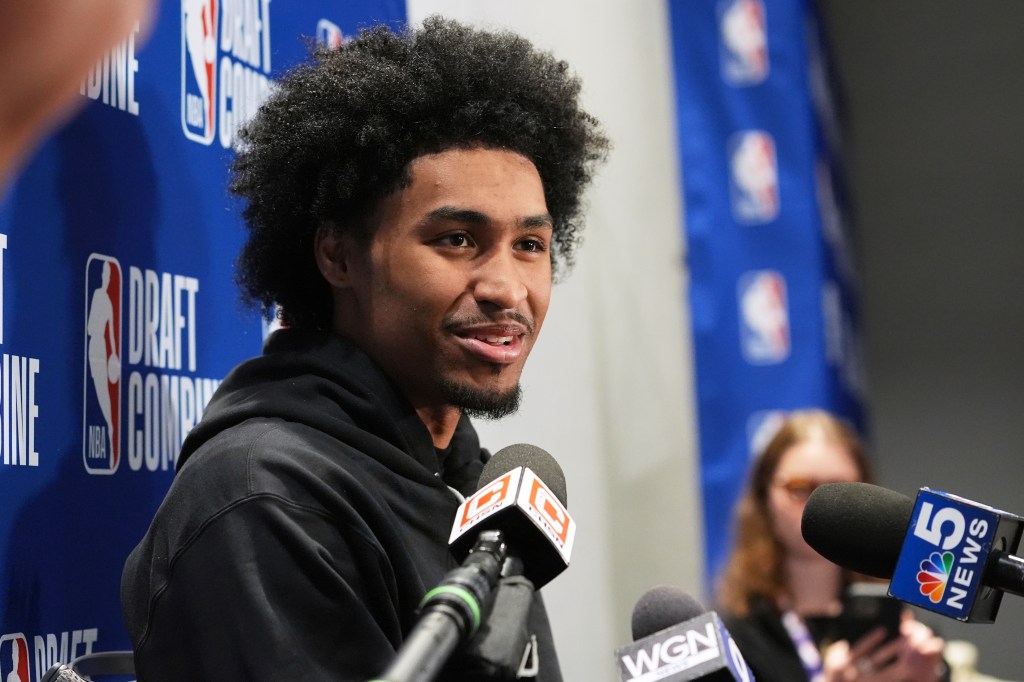 Rutgers star Dylan Harper talks with reporters at the 2025 NBA Draft Combine on May 14, 2025.