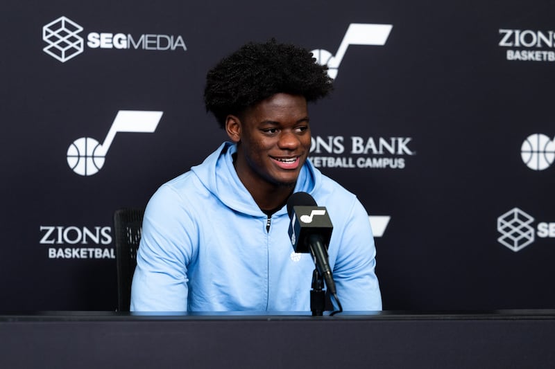 Utah Jazz forward Taylor Hendricks fields questions Wednesday, Dec. 4, 2024, regarding his season-ending injury and recovery process.