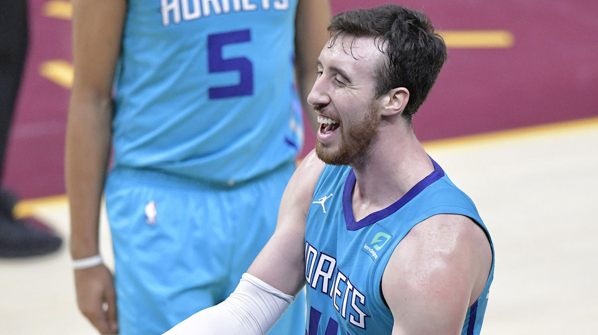 Charlotte Hornets forward Frank Kaminsky (44) reacts in the fourth quarter against the Cleveland Cavaliers at Rocket Mortgage FieldHouse.
