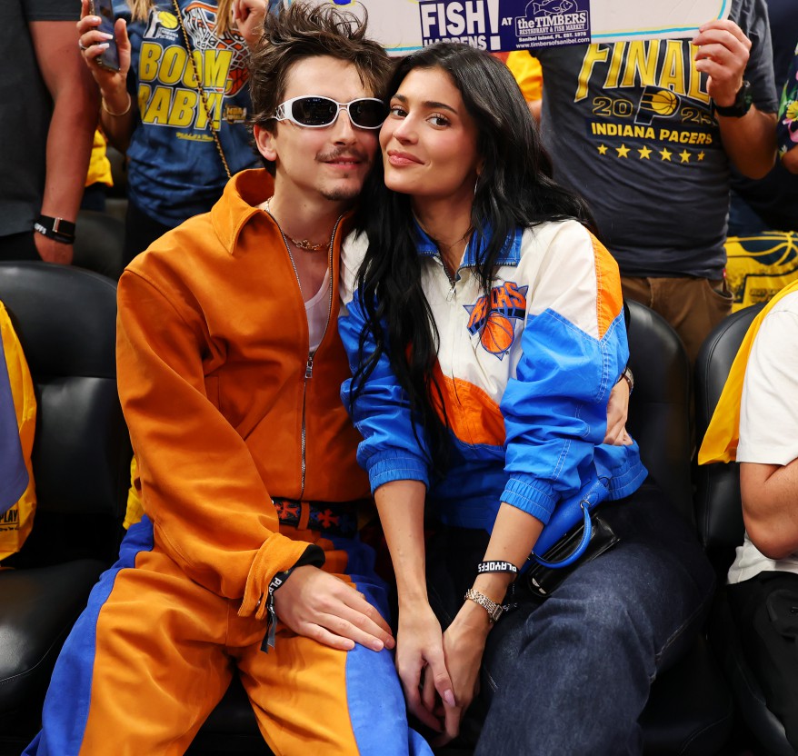 INDIANAPOLIS, INDIANA - MAY 31: Timothee Chalamet and Kylie Jenner attend Game Six of the Eastern Conference Finals of the 2025 NBA Playoffs between the New York Knicks and the Indiana Pacers at Gainbridge Fieldhouse on May 31, 2025 in Indianapolis, Indiana. NOTE TO USER: User expressly acknowledges and agrees that, by downloading and or using this photograph, User is consenting to the terms and conditions of the Getty Images License Agreement. (Photo by Gregory Shamus/Getty Images)