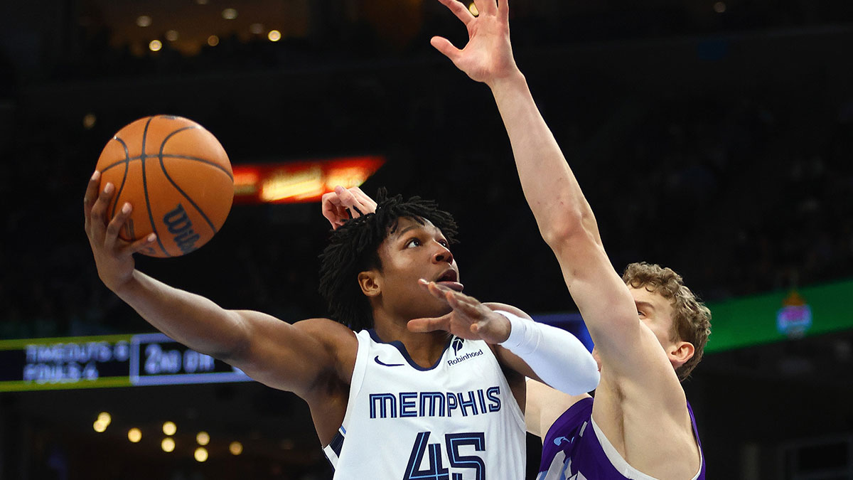 Memphis Grizzlies forward GG Jackson II (45) shoots the ball against Utah Jazz forward Lauri Markkanen (23) during the second quarter at FedExForum.