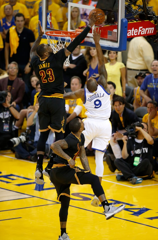 Cleveland Cavaliers' LeBron James (23) blocks a shot against Golden State Warriors' Andre Iguodala (9) in the fourth quarter of Game 7 of the NBA Finals at Oracle Arena in Oakland, Calif., on Sunday, June 19, 2016. (Nhat V. Meyer/Bay Area News Group) (Photo by MediaNews Group/Bay Area News via Getty Images)