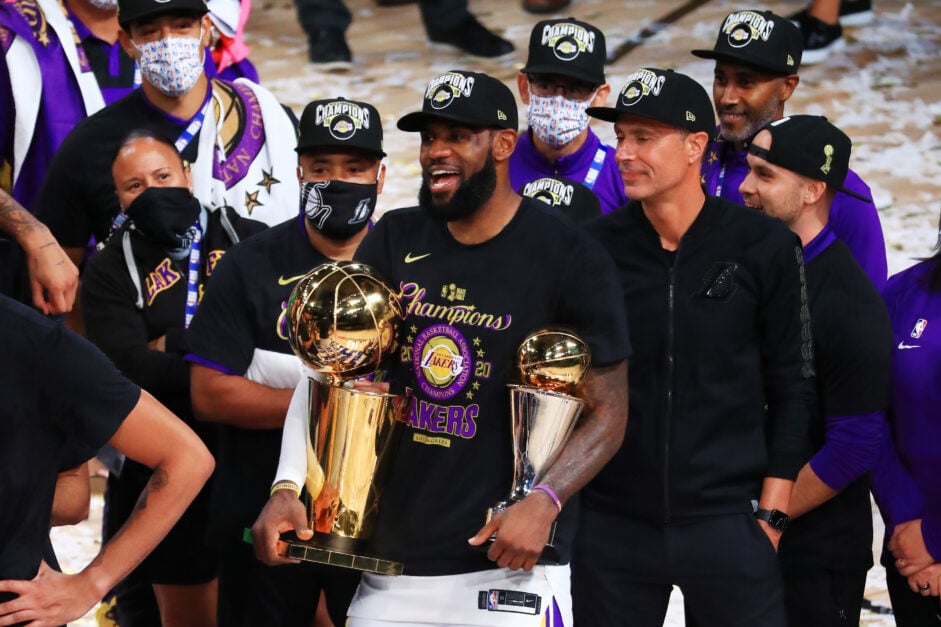 LeBron James celebrates after winning the 2020 NBA Championship with the Los Angeles Lakers.