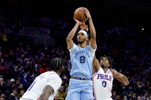 Ziaire Williams #8 of the Memphis Grizzlies is blocked by Tyrese Maxey #0 of the Philadelphia 76ers at Wells Fargo Center on January 31, 2022 in Philadelphia, Pennsylvania.