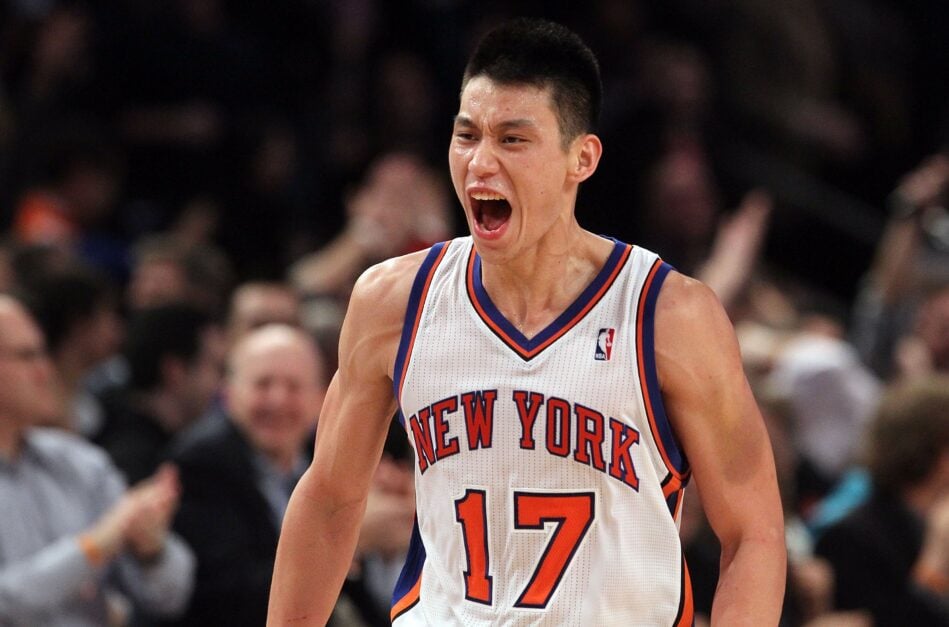 Jeremy Lin #17 of the New York Knicks celebrates against the Los Angeles Lakers on February 10, 2012 at Madison Square Garden in New York City.