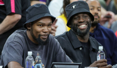 NBA players Kevin Durant (L) and Draymond Green attend a 2023 FIBA World Cup exhibition game betwee...