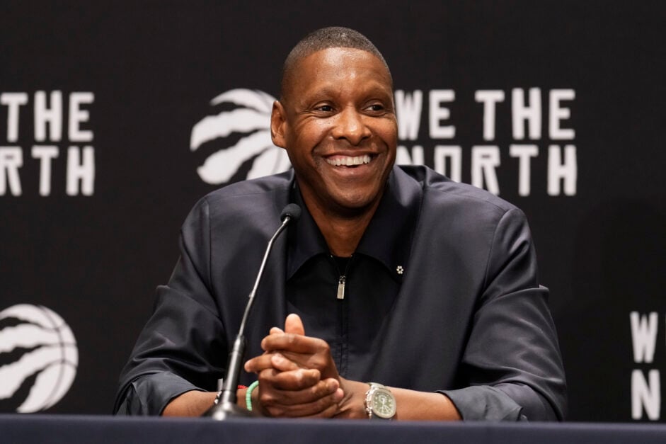 Masai Ujiri speaking to the Toronto Raptors media during his days as the president of basketball operations.
