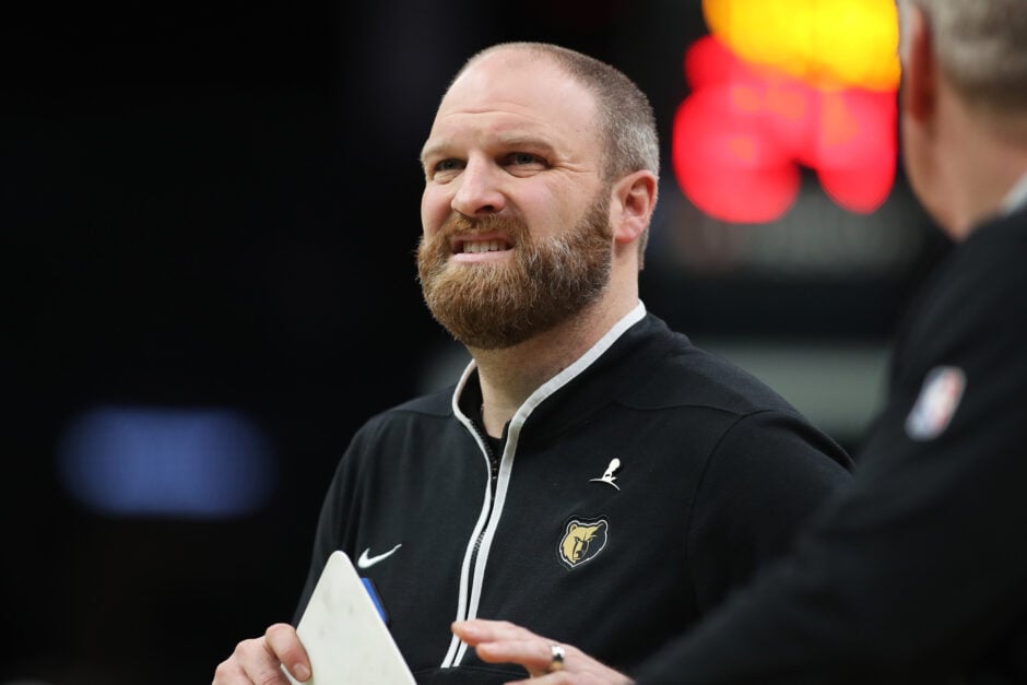 Former Memphis Grizzlies head coach Taylor Jenkins looks frustrated during a game against the Boston Celtics.