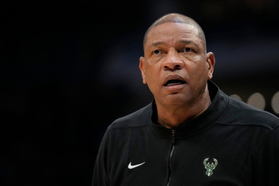 Milwaukee Bucks head coach Doc Rivers looks stunned during an NBA game.