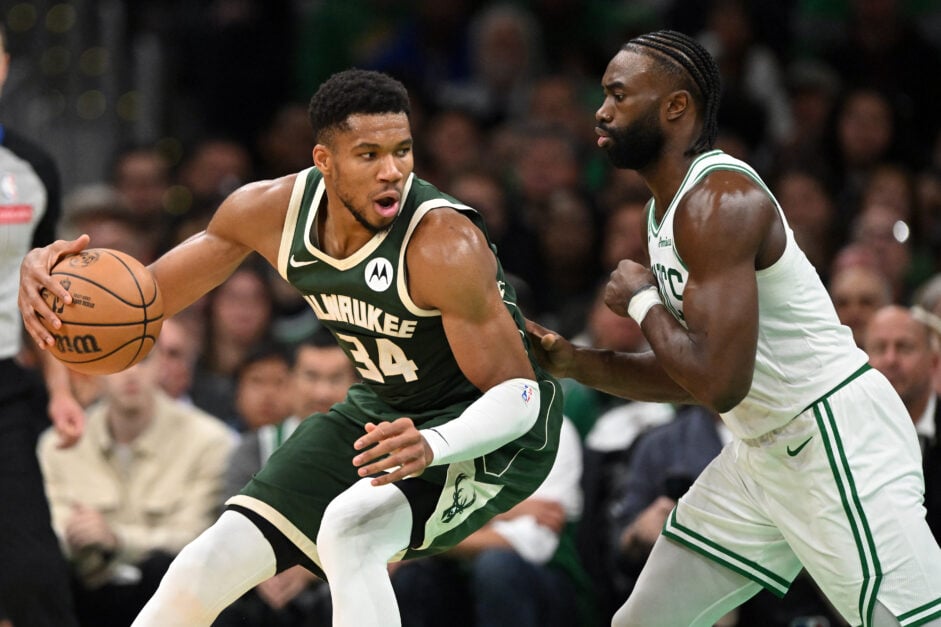 Milwaukee Bucks forward Giannis Antetokounmpo dribbles against Boston Celtics forward Jaylen Brown