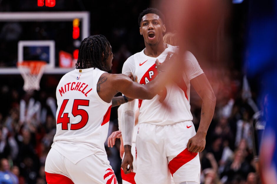 Toronto Raptors guards Davion Mitchell and RJ Barrett