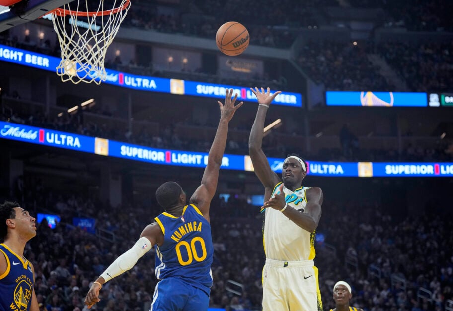 Pascal Siakam #43 of the Indiana Pacers shoots over Jonathan Kuminga #00 of the Golden State Warriors during the second half at Chase Center on December 23, 2024 in San Francisco, California.