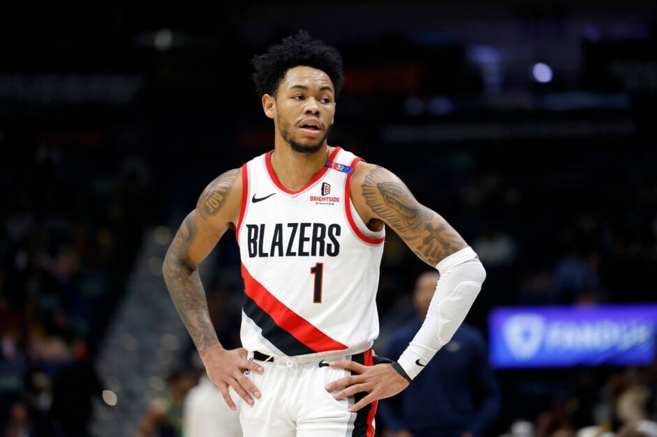 Anfernee Simons #1 of the Portland Trail Blazers walks backcourt with hands on his waist during the second half of a game against the New Orleans Pelicans.