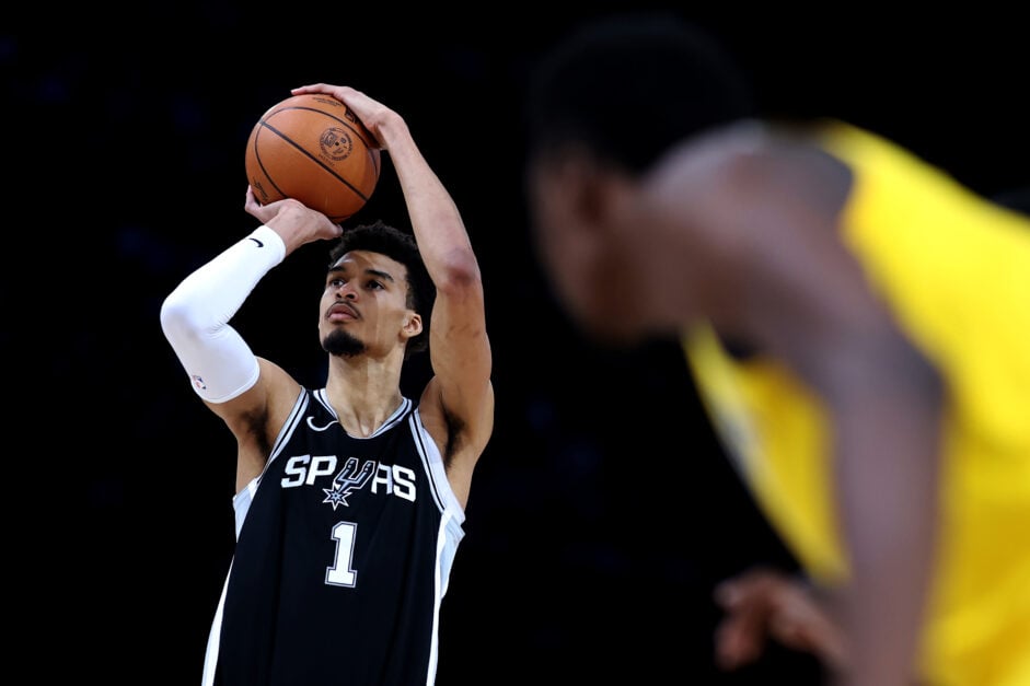 San Antonio Spurs center Victor Wembanyama shoots free throws
