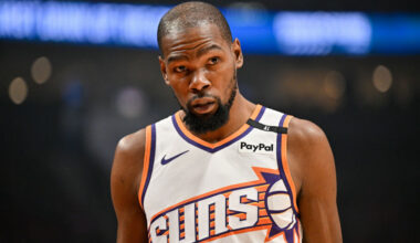 Kevin Durant #35 of the Phoenix Suns looks on during the first quarter of the game against the Port...