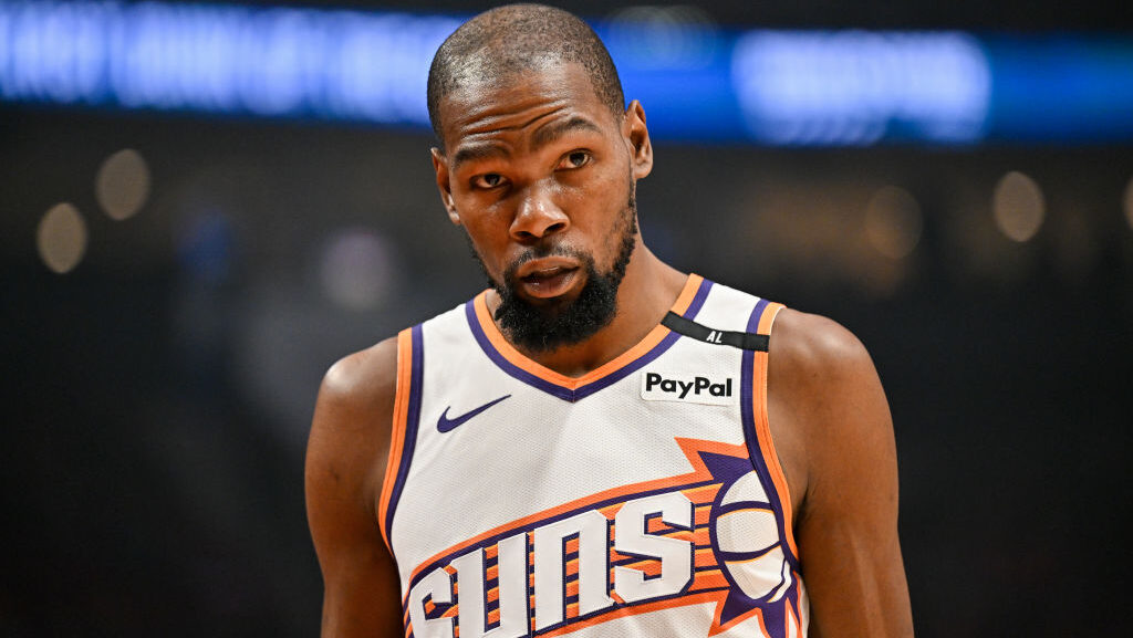 Kevin Durant #35 of the Phoenix Suns looks on during the first quarter of the game against the Port...