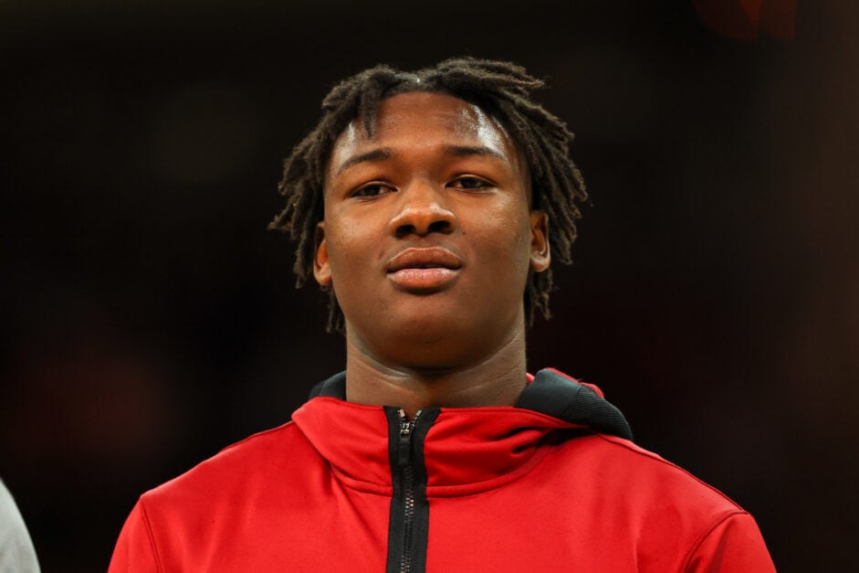 Arkansas Razorbacks forward Adou Thiero (3) on the court during warmups before the SEC college basketball game between Texas Longhorns and Arkansas Razorbacks.