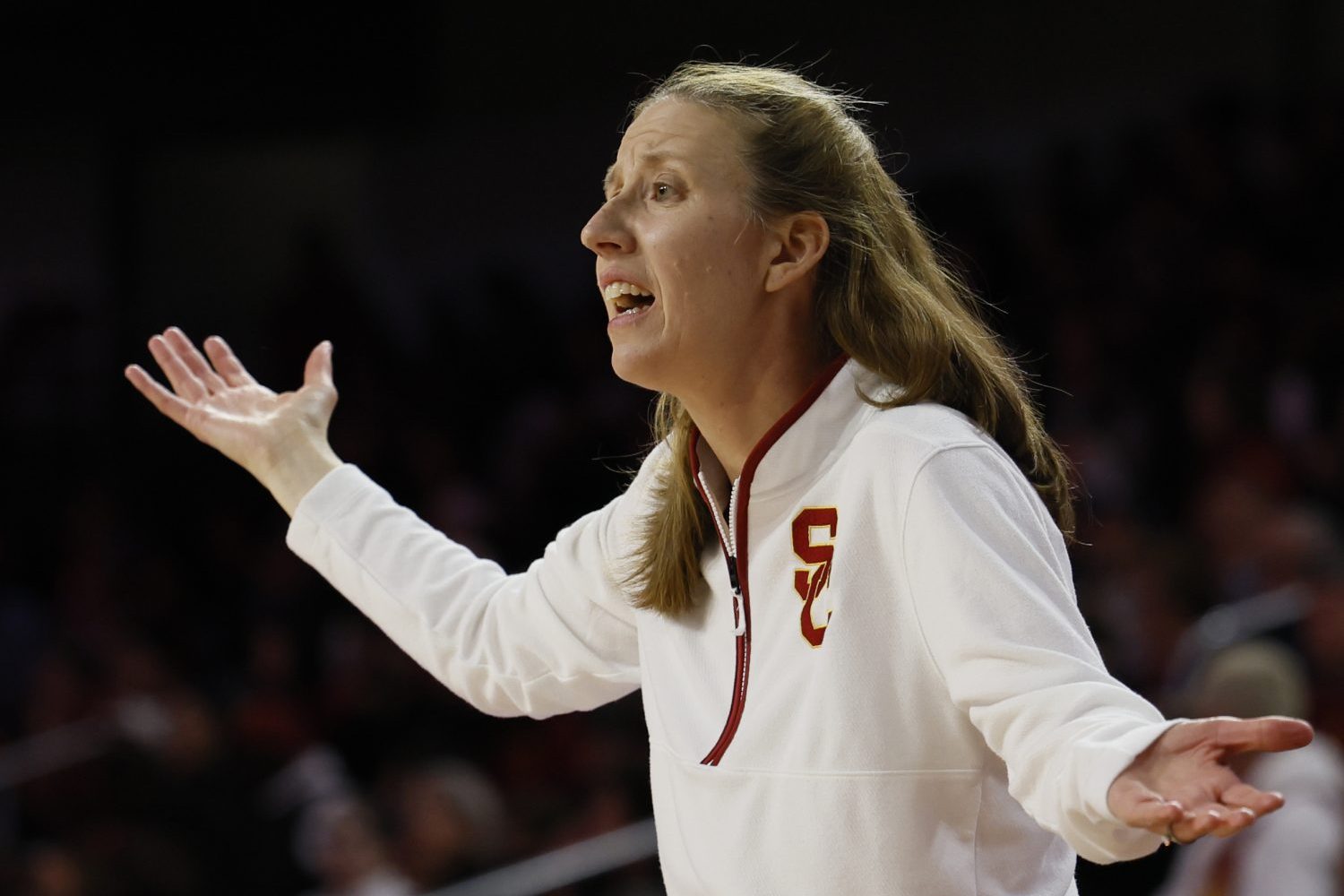 USC Head Women's Basketball Coach Lindsay Gottlieb questions a referee's call against Ohio State at the Galen Center in Los Angeles Saturday, Feb. 8, 2025.