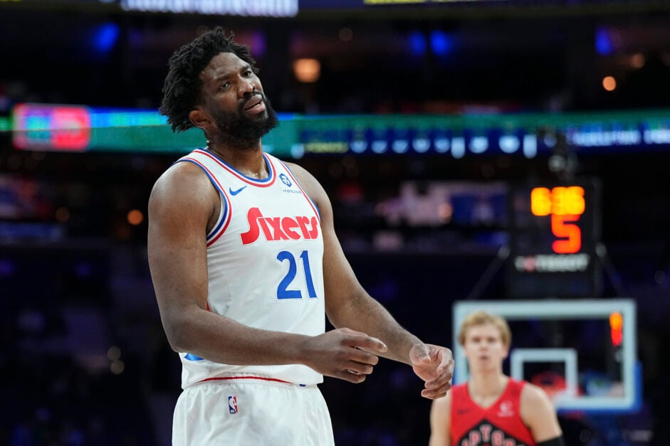 Joel Embiid playing for the Philadelphia 76ers against the Toronto Raptors.