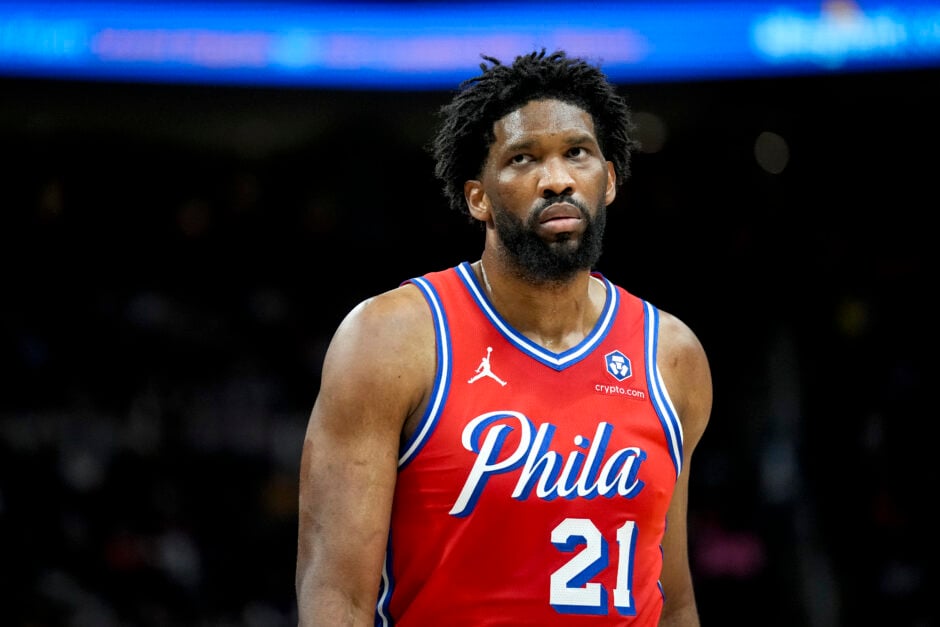 Joel Embiid in red Philadelphia 76ers jersey