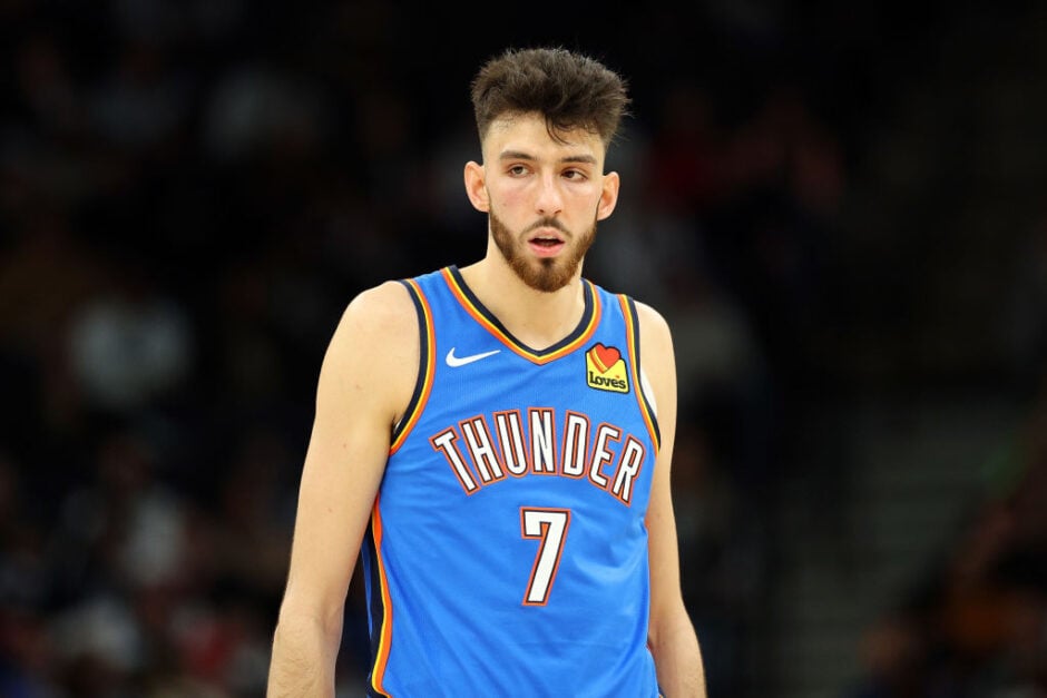 #7 of the Oklahoma City Thunder, Chet Holmgren looks on during a game against the Minnesota Timberwolves.