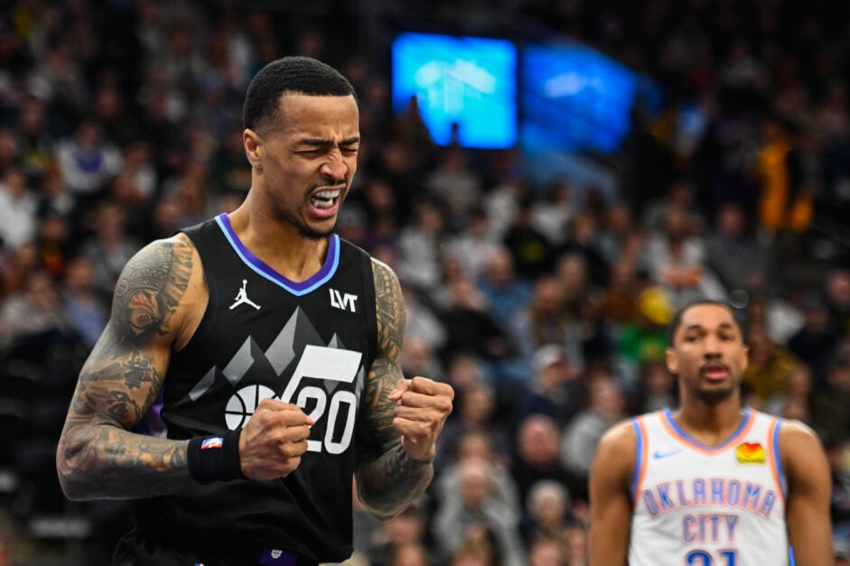 John Collins #20 of the Utah Jazz reacts to a call during the first half of a game against the Oklahoma City Thunder at Delta Center.
