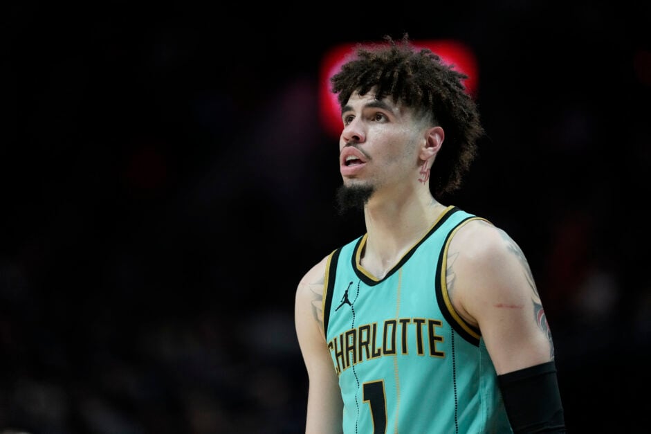 Charlotte Hornets star LaMelo Ball looks up during a game against the Portland Trail Blazers.