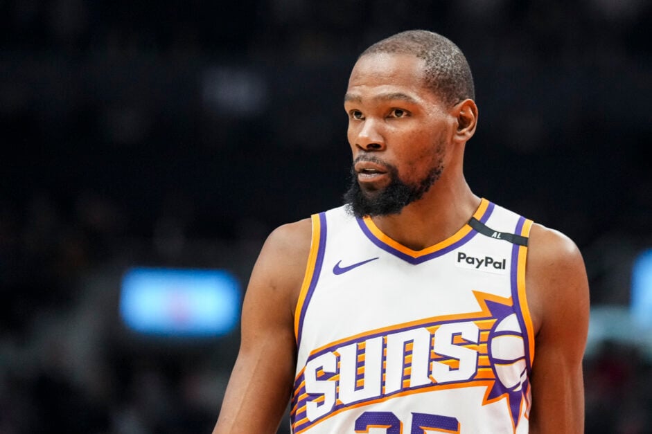 Kevin Durant #35 of the Phoenix Suns looks on against the Toronto Raptors at Scotiabank Arena