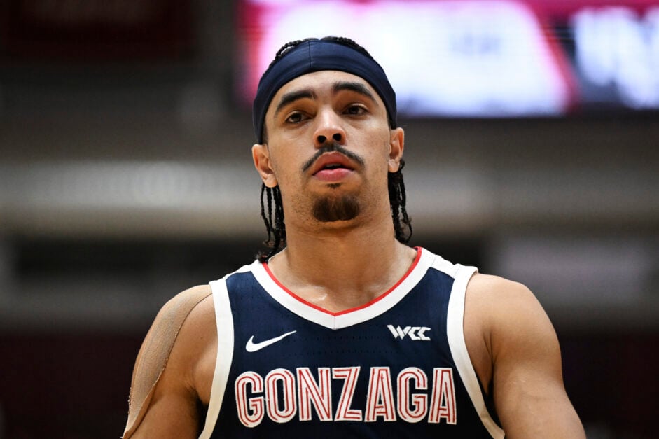 Ryan Nembhard #0 of the Gonzaga Bulldogs looks on against the Santa Clara Broncos in the second half