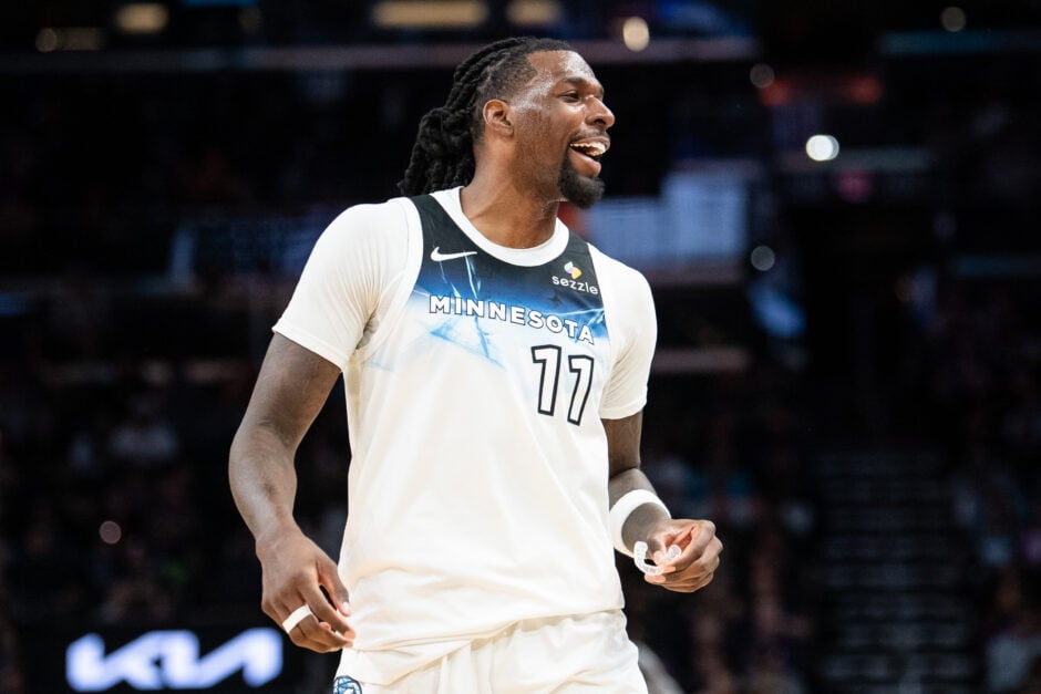 Minnesota Timberwolves' Naz Reid shouts during second half vs Phoenix Suns during an NBA game.