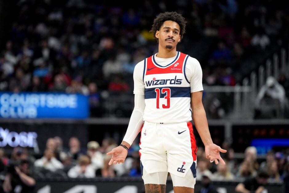 Jordan Poole looks disappointed during Washington Wizards vs Detroit Pistons clash.