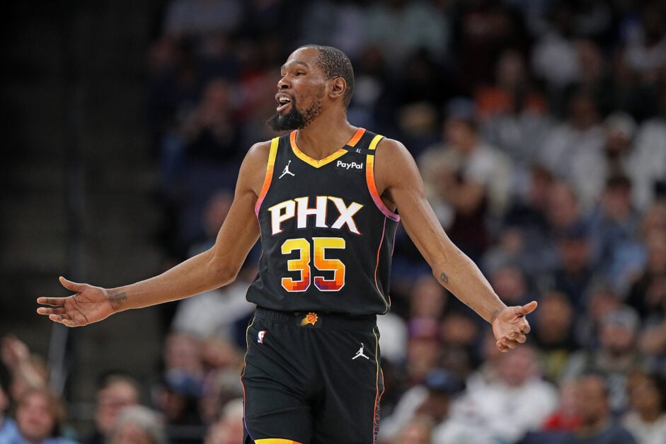 Kevin Durant #35 of the Phoenix Suns reacts during the game against the Memphis Grizzlies