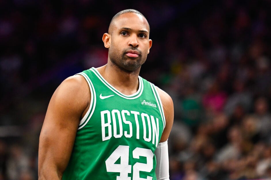 #42 of the Boston Celtics, Al Horford looks serious during a game against the Utah Jazz.