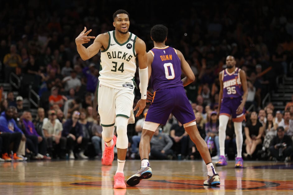 Milwaukee Bucks forward Giannis Antetokounmpo celebrates against the Phoenix Suns