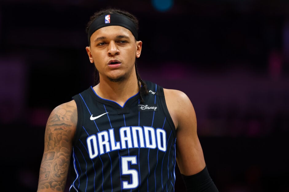 #5 of the Orlando Magic Paolo Banchero looks serious during a game against the Charlotte Hornets.