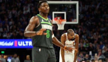 Kevin Durant #35 of the Phoenix Suns looks on against the Minnesota Timberwolves in the third quart...