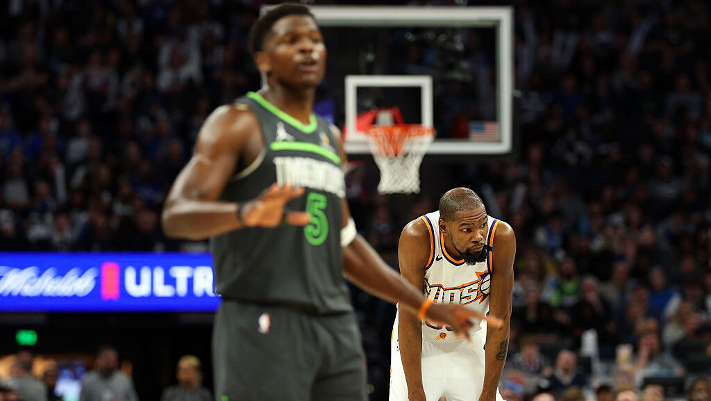Kevin Durant #35 of the Phoenix Suns looks on against the Minnesota Timberwolves in the third quart...