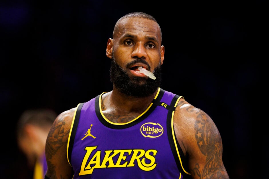 LeBron James #23 of the Los Angeles Lakers looks on during the second half against the Houston Rockets