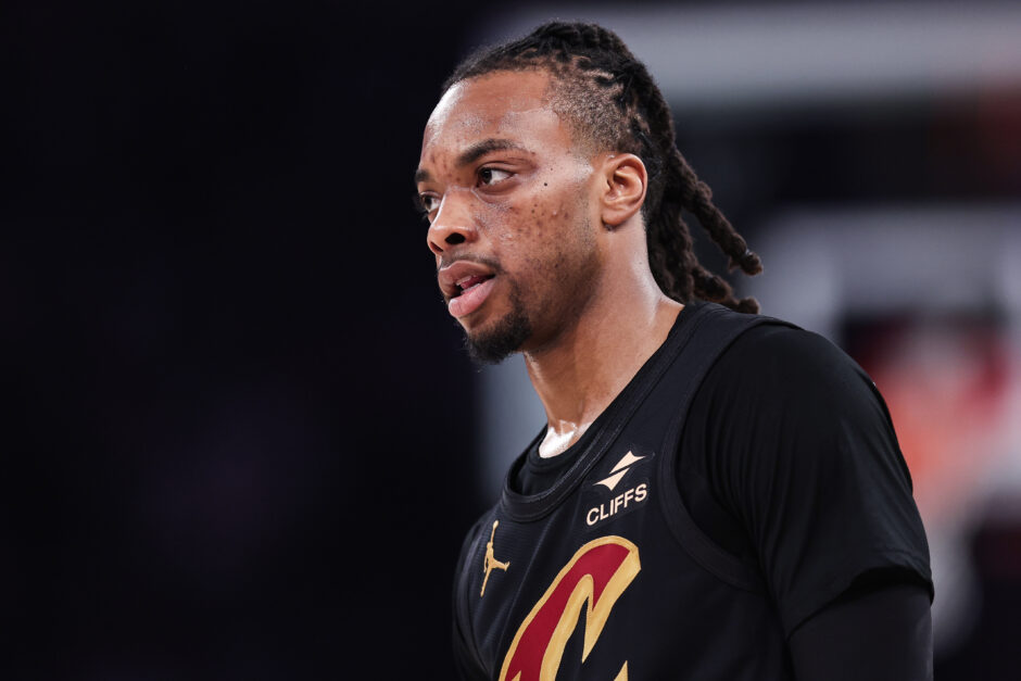 Darius Garland of the Cleveland Cavaliers looks on during a game against the New York Knicks
