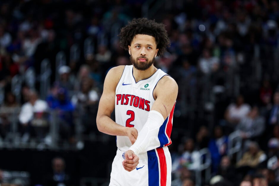 Cade Cunningham #2 of the Detroit Pistons looks on during the fourth quarter of a game against the Milwaukee Bucks at Little Caesars Arena.