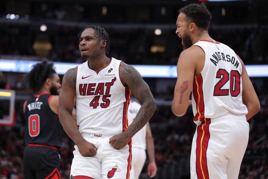 Davion Mitchell #45 of the Miami Heat reacts after a block during the second half of the 2025 SoFi Play-In Tournament against the Chicago Bulls