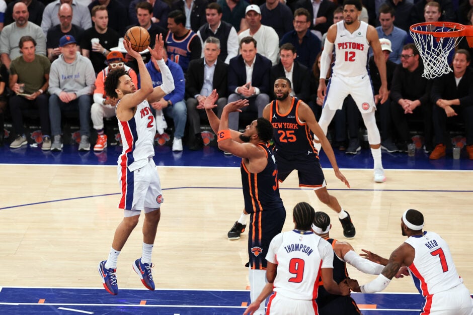 Cade Cunningham #2 of the Detroit Pistons takes a shot against Karl-Anthony Towns #32 of the New York Knicks during the third quarter in Game Two of the Eastern Conference First Round NBA Playoffs at Madison Square Garden on April 21, 2025 in New York City.